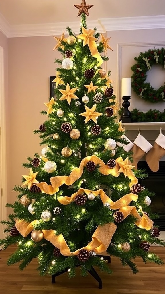 Decorating a Christmas Tree Without Ornaments A Christmas tree adorned with lights, pinecones, and burlap garlands, set in a warm living room.